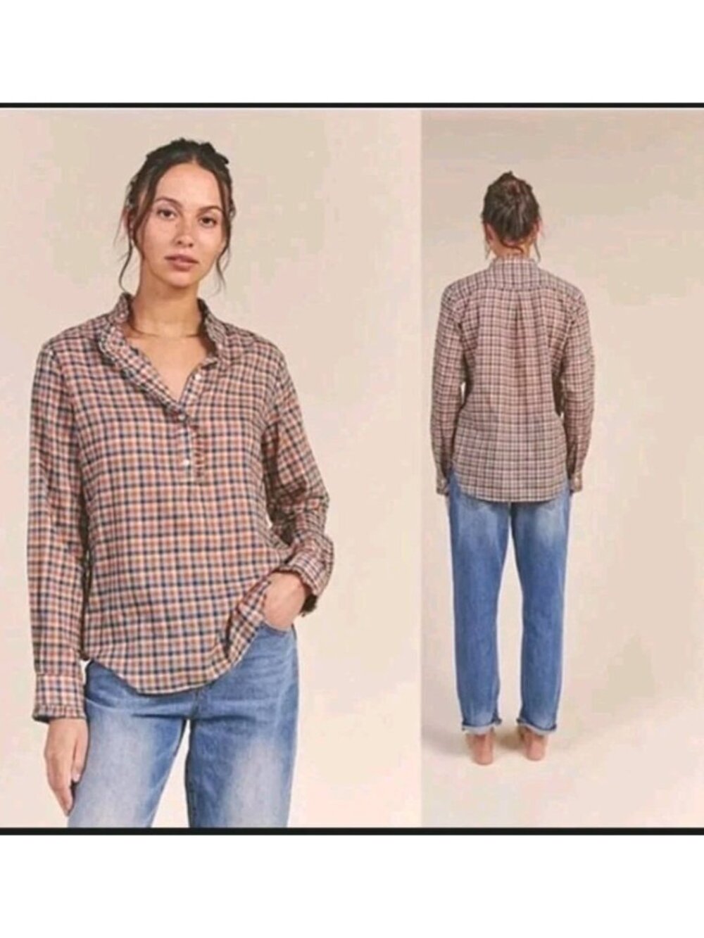 Trovata Birds of Paradise Womens M Plaid Ruffle Collar Cotton Popover Blouse